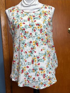 Maurices White Floral Sleeveless Swing Tank with Yellow & Red Blooms